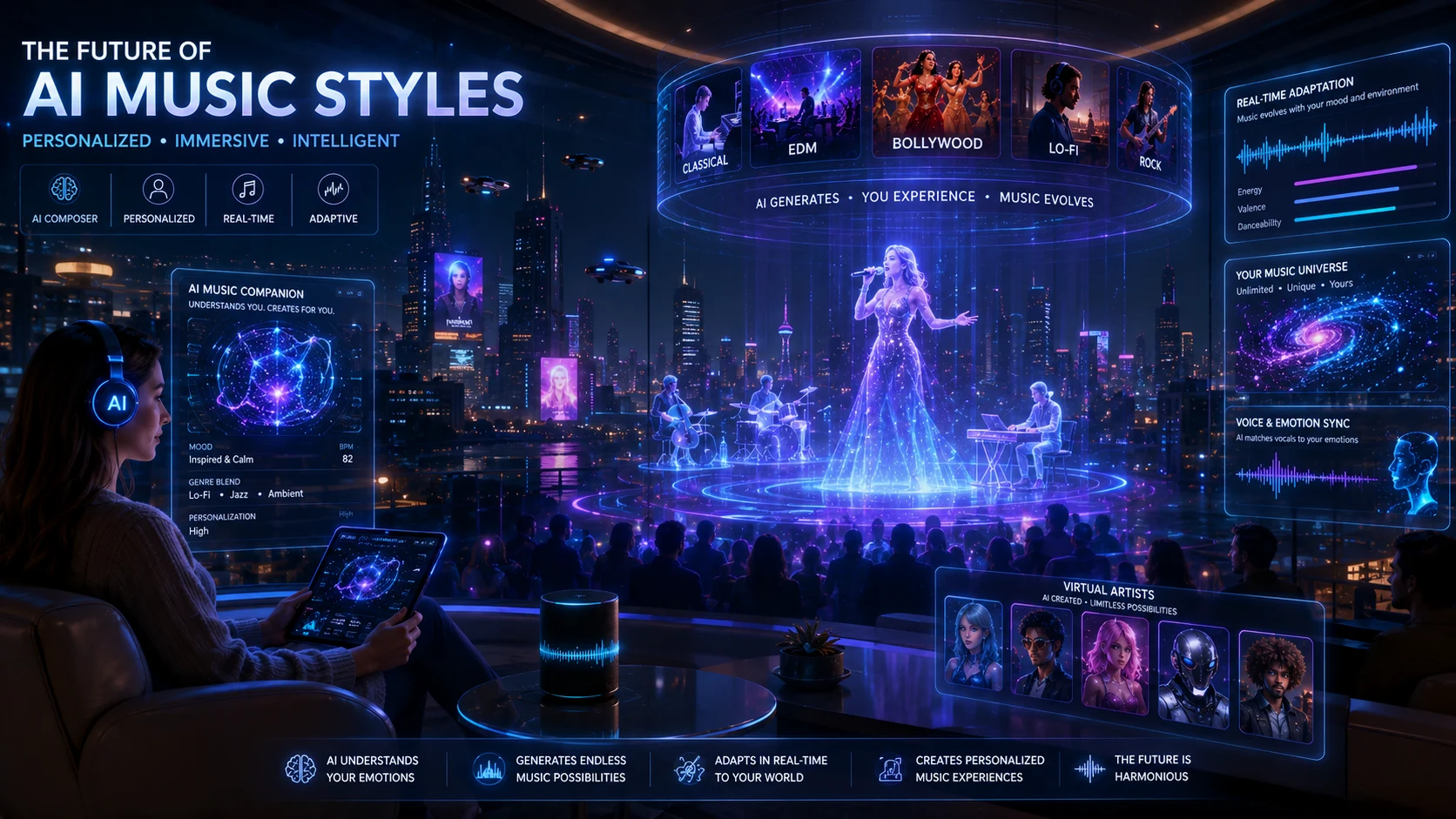 [Image: Futuristic music genre universe with AI generating infinite styles and personalized songs]
