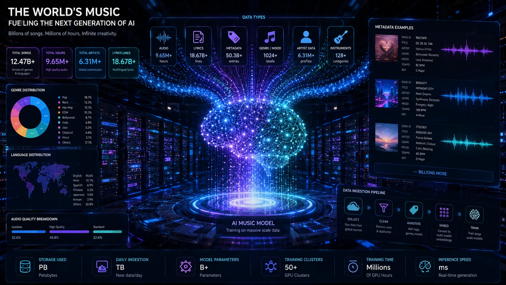 Image: Massive AI music dataset visualized as billions of songs, lyrics, waveforms and metadata flowing into neural networks, futuristic data center visualization, 16:9