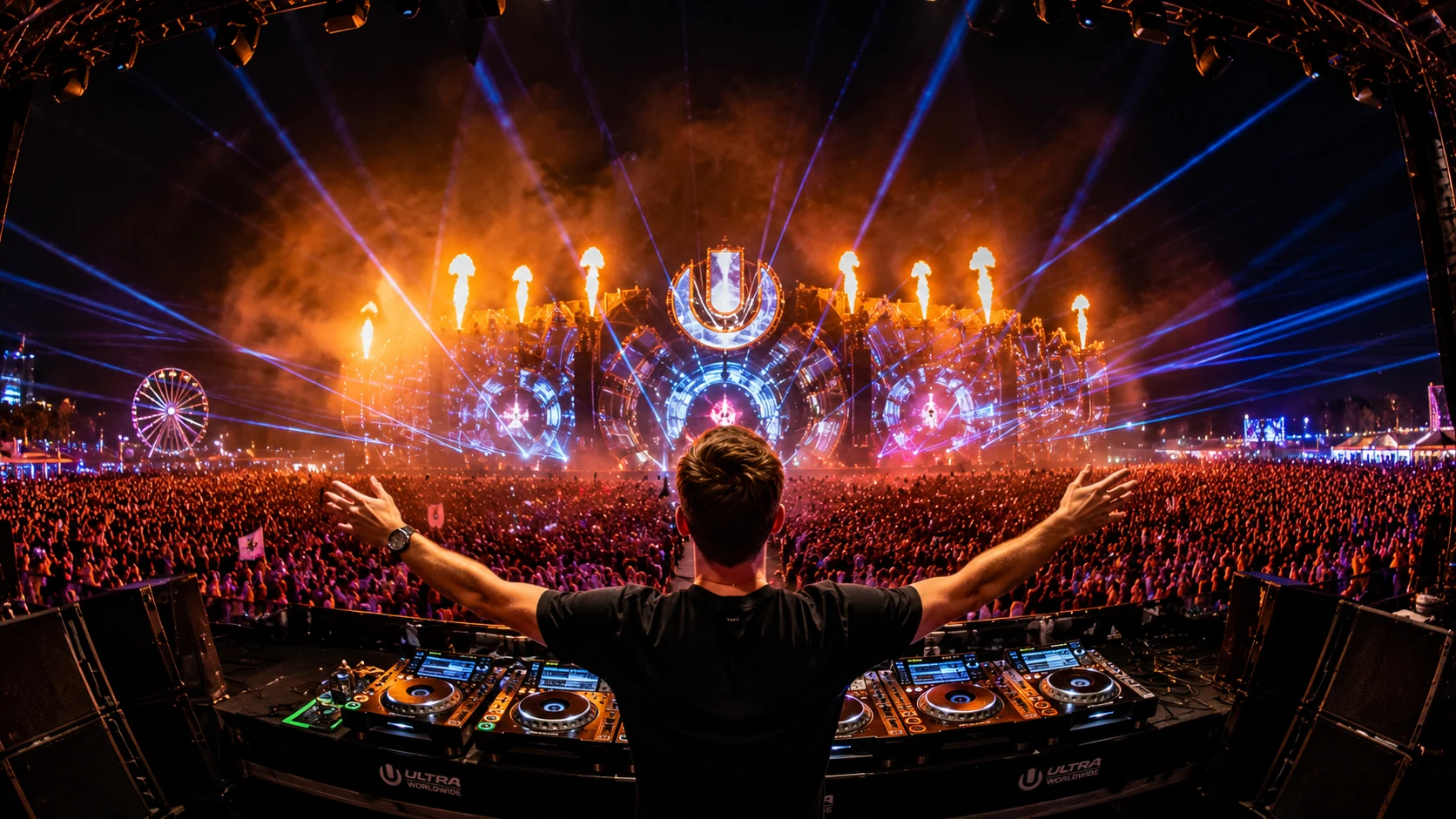[Image: Massive electronic music festival, laser lights, DJs and energetic audience]

