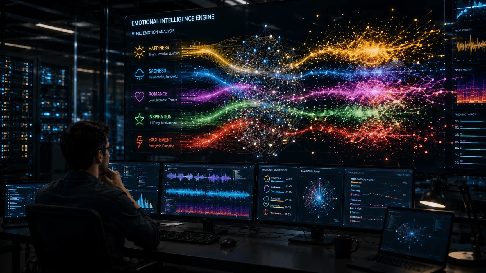 [Image: Music emotions visualized as colorful neural energy streams representing happiness, sadness, romance and excitement, cinematic technology artwork, 16:9]
