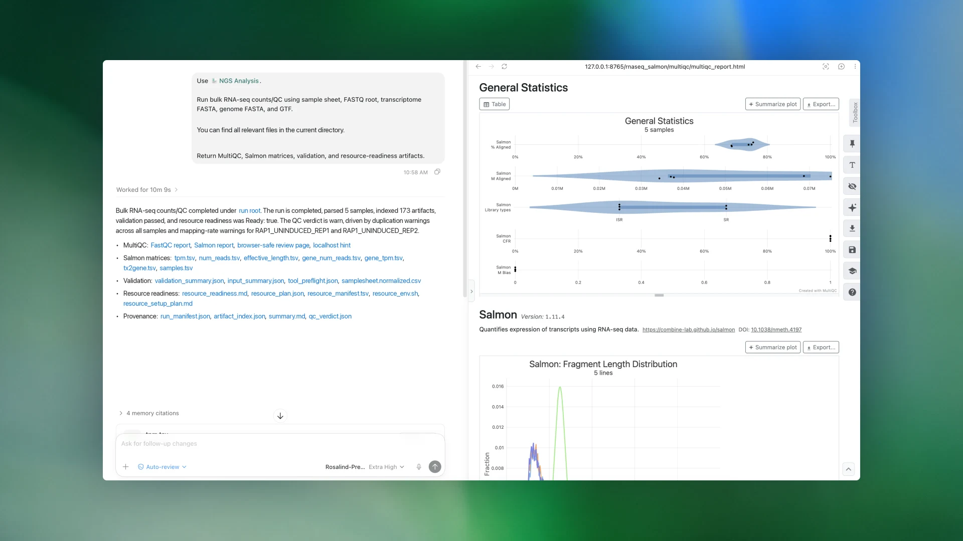 Split-screen view of an RNA-seq workflow: an AI assistant summarizes completed bulk RNA-seq quality-control results on the left, while an interactive MultiQC report with sequencing statistics and Salmon metrics is displayed on the right.