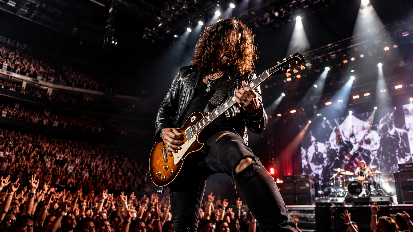 [Image: Electric guitarist performing on stage with dramatic lighting, powerful rock concert energy]
