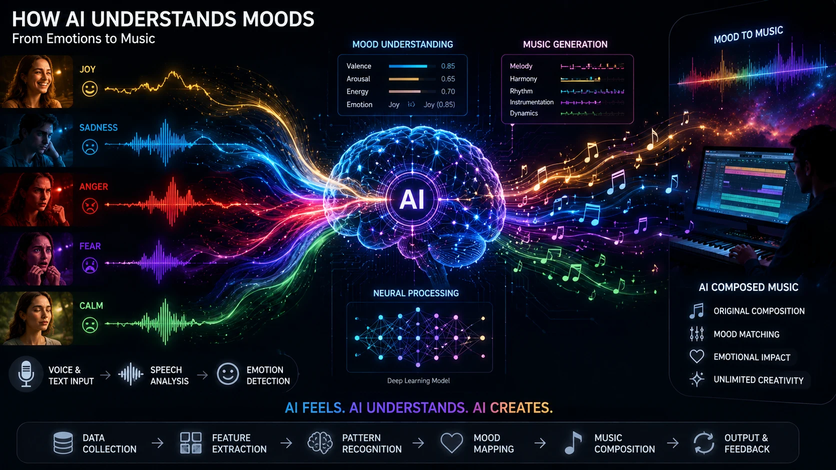 [Image: Music generated from emotions, colorful emotional waves flowing through a neural network]

