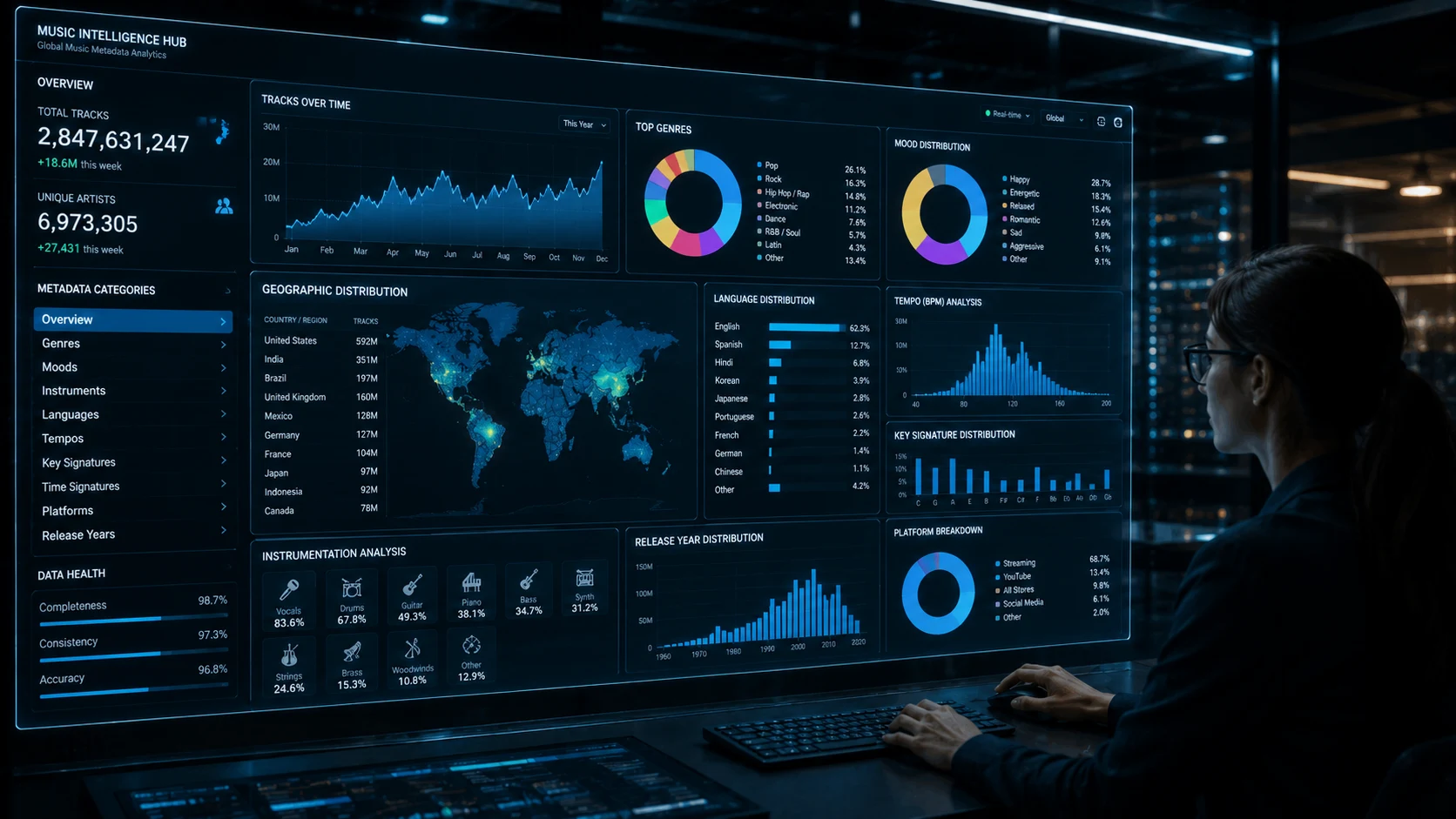 
[Image: Billions of songs, lyrics, instruments and metadata flowing into a giant neural network training system, futuristic data center visualization, ultra realistic, 16:9]