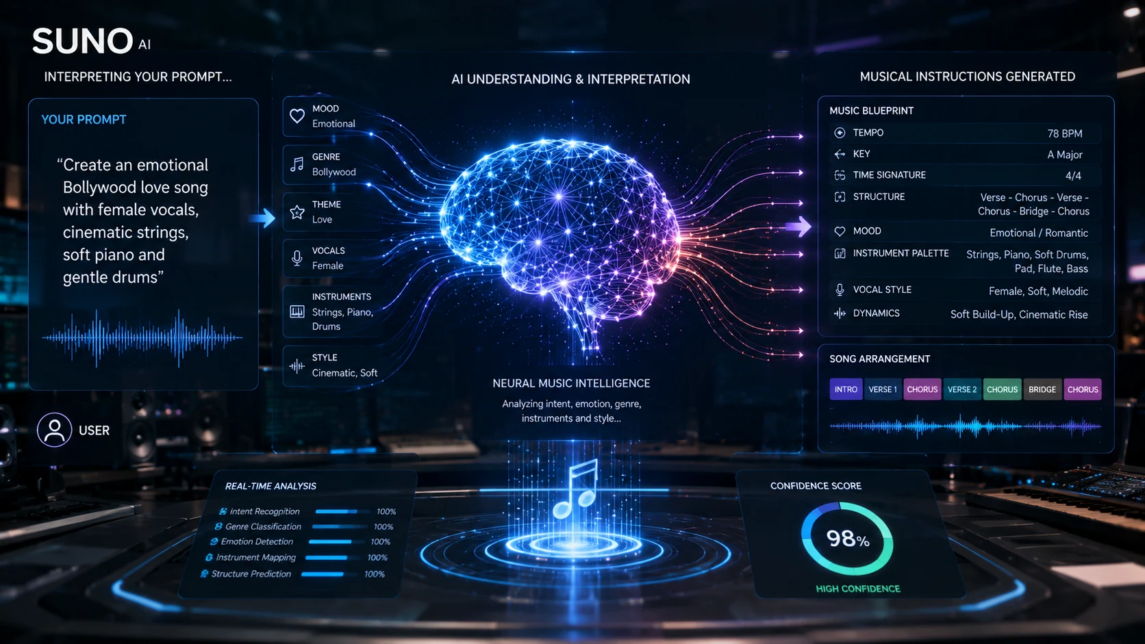[Image: AI interpreting music prompts, converting human language into musical instructions, futuristic neural network visualization, ultra realistic technology artwork, 16:9]
