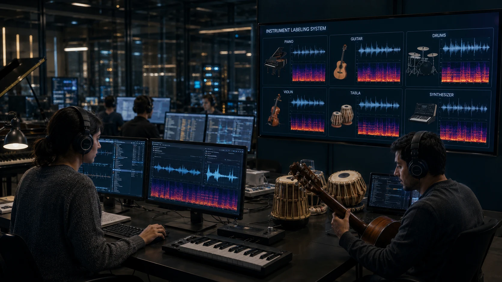 [Image: AI music researchers labeling instruments including piano, guitar, drums, strings and tabla, realistic research environment, 16:9]
