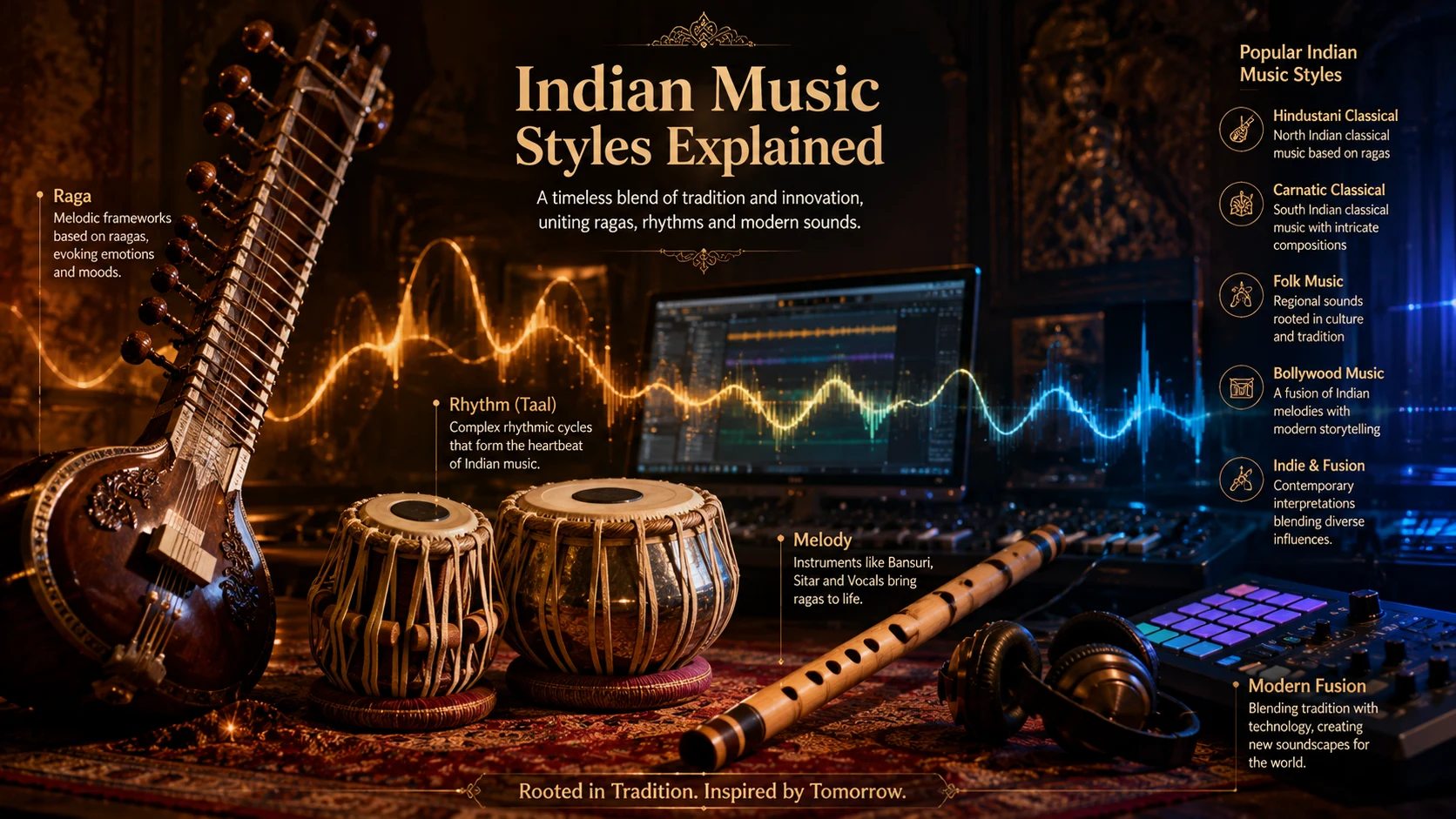 [Image: Fusion of traditional Indian instruments and modern music technology, sitar, tabla and digital sound waves]
