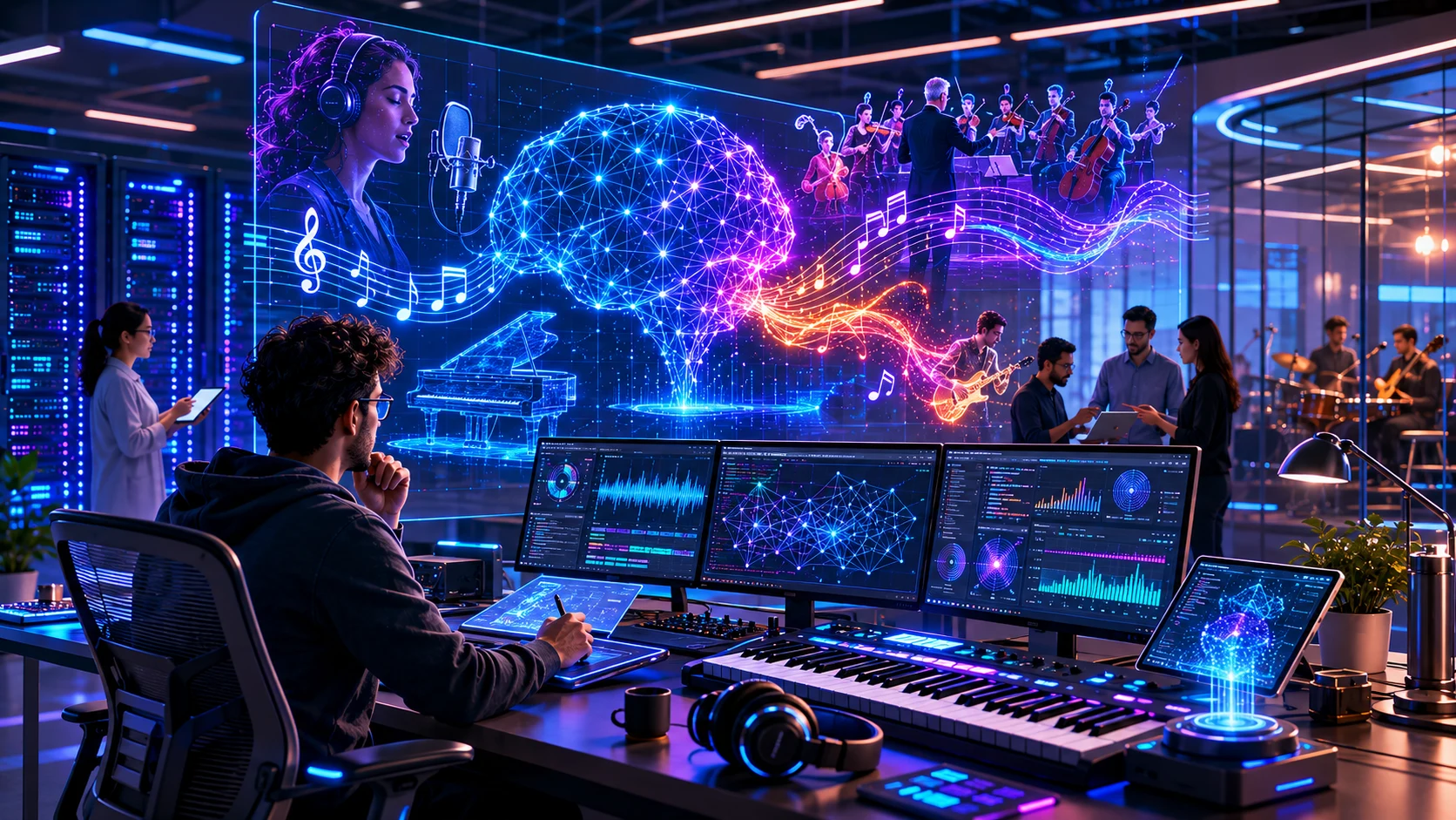 30. cinematic view of an AI music startup headquarters