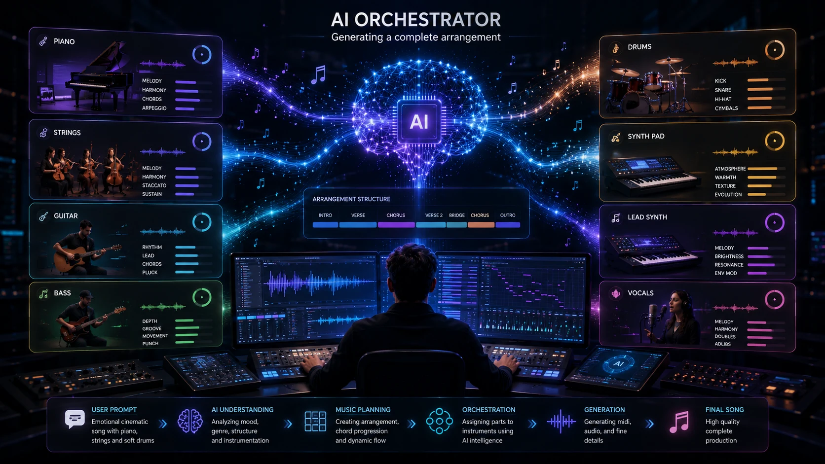 Image: Digital orchestra being assembled by artificial intelligence, piano, guitar, drums, strings and synthesizers generated automatically, cinematic visualization, 16:9