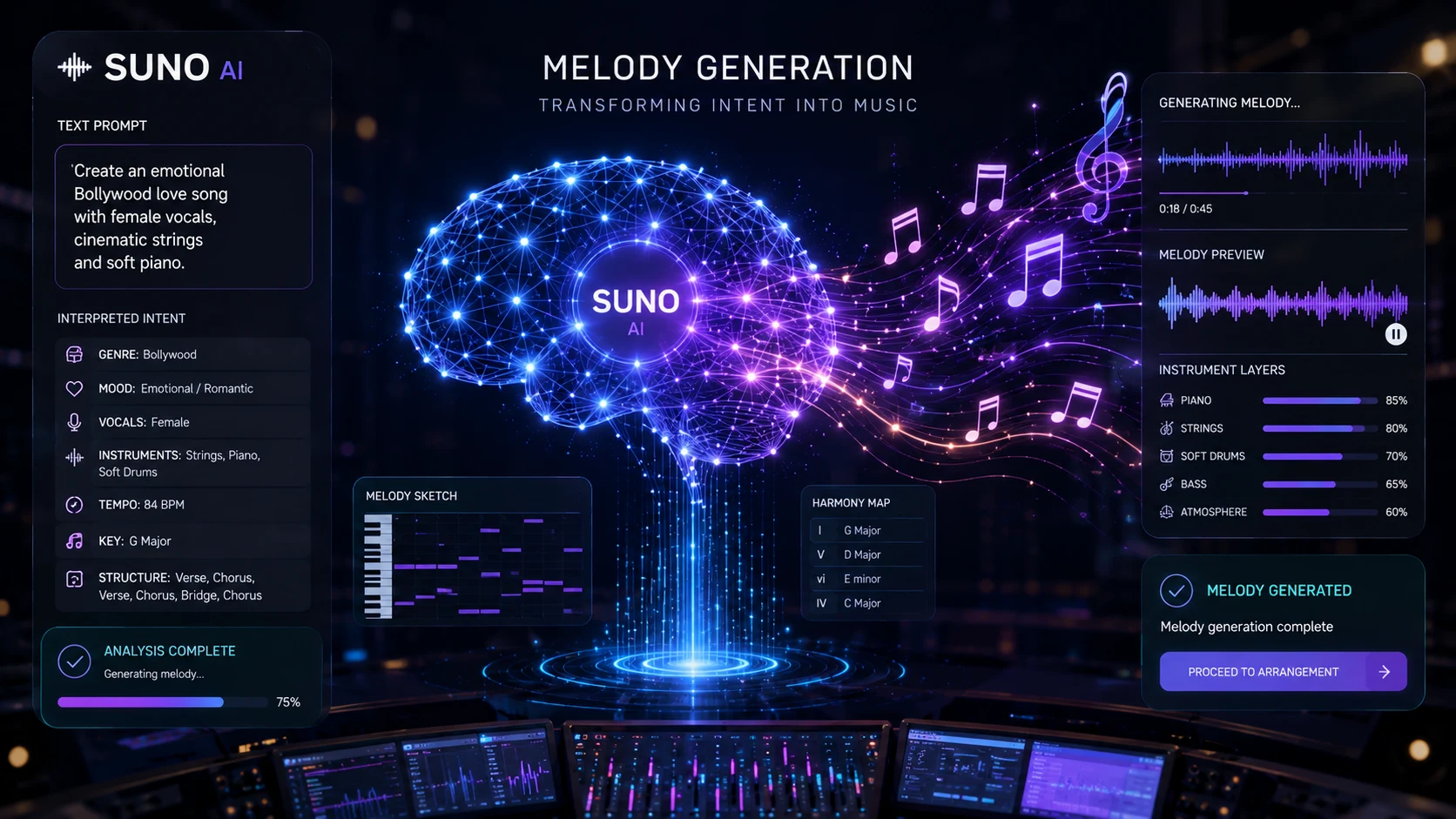 Image: AI generating melodies from neural networks, glowing musical notes emerging from digital intelligence, premium technology visualization, 16:9