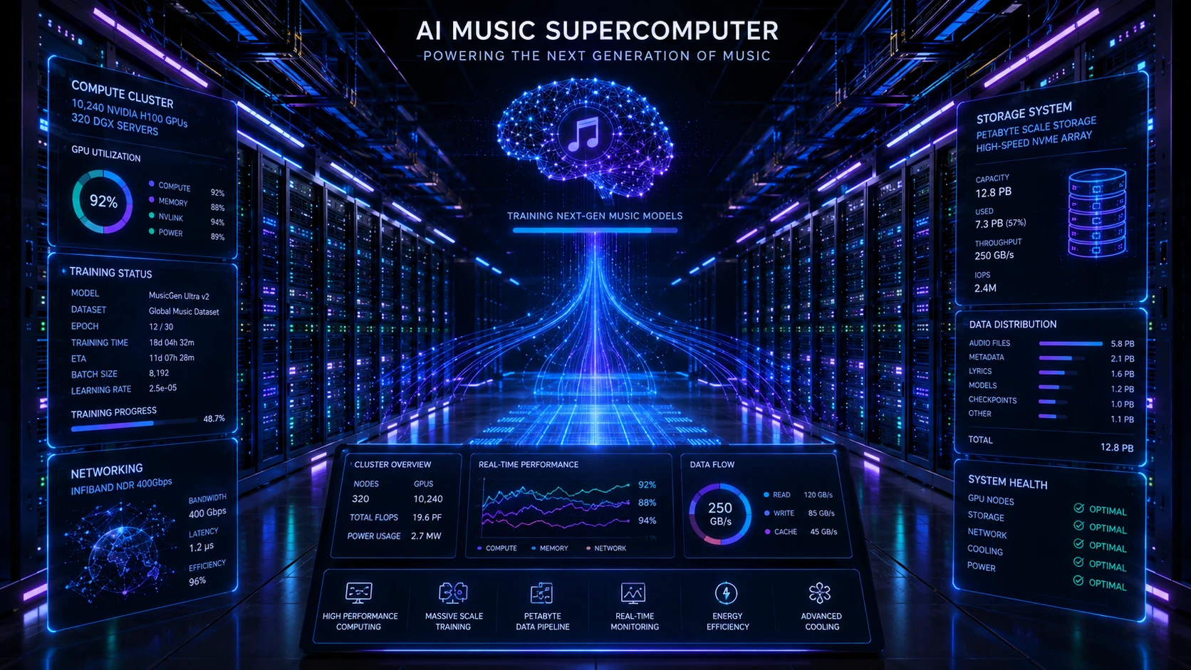 Image: AI music supercomputer cluster with GPU servers, high-speed networking and petabyte storage, futuristic data center photography, 16:9
