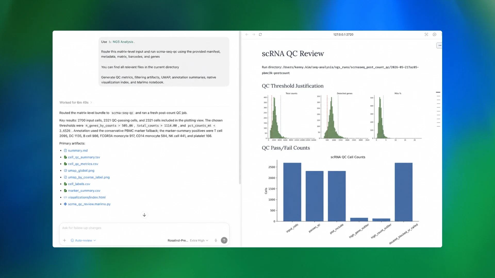 Screenshot of a split-screen bioinformatics workflow. The left panel shows an AI assistant summarizing a completed single-cell RNA sequencing (scRNA-seq) quality-control analysis, including generated files, QC metrics, UMAP visualizations, and cell-type annotations. The right panel displays an “scRNA QC Review” report with histograms for total counts, detected genes, and mitochondrial percentage, alongside bar charts showing QC pass/fail counts and filtered cell populations. The interface is displayed against a blue-and-green gradient background.
