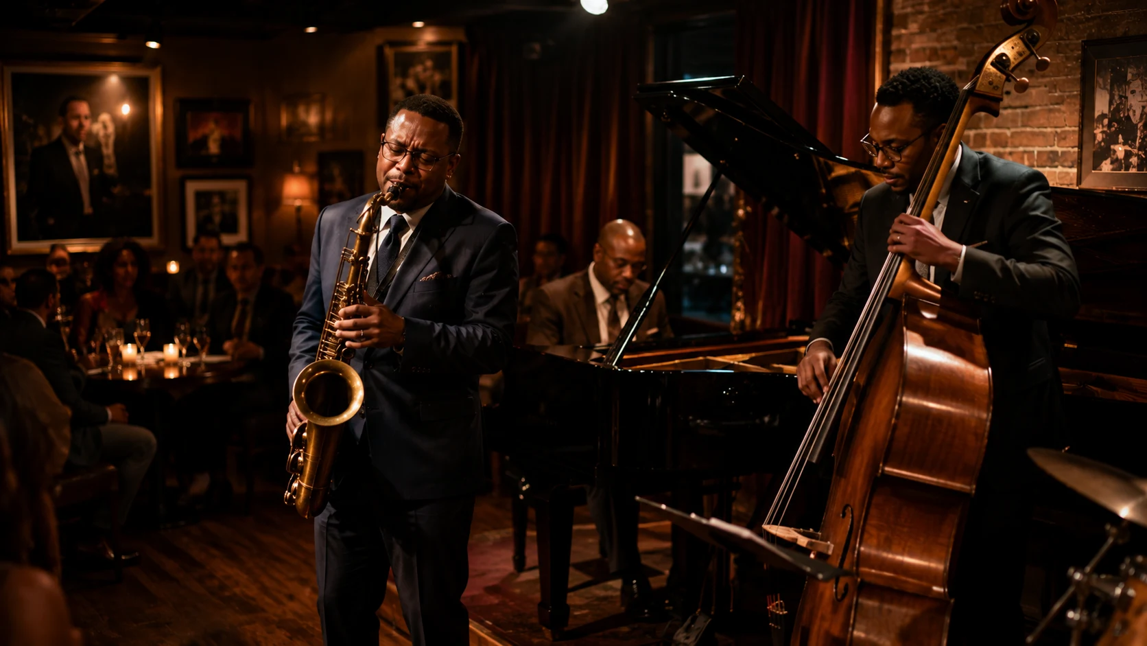 [Image: Jazz club with saxophone player, pianist and warm atmospheric lighting]
