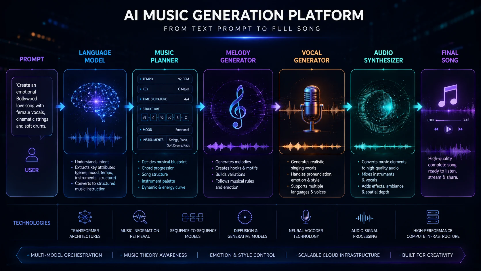 [Image: Modern AI music platform architecture showing Prompt → Language Model → Music Planner → Melody Generator → Vocal Generator → Audio Synthesizer → Final Song, futuristic enterprise diagram, OpenAI research style, 16:9]
