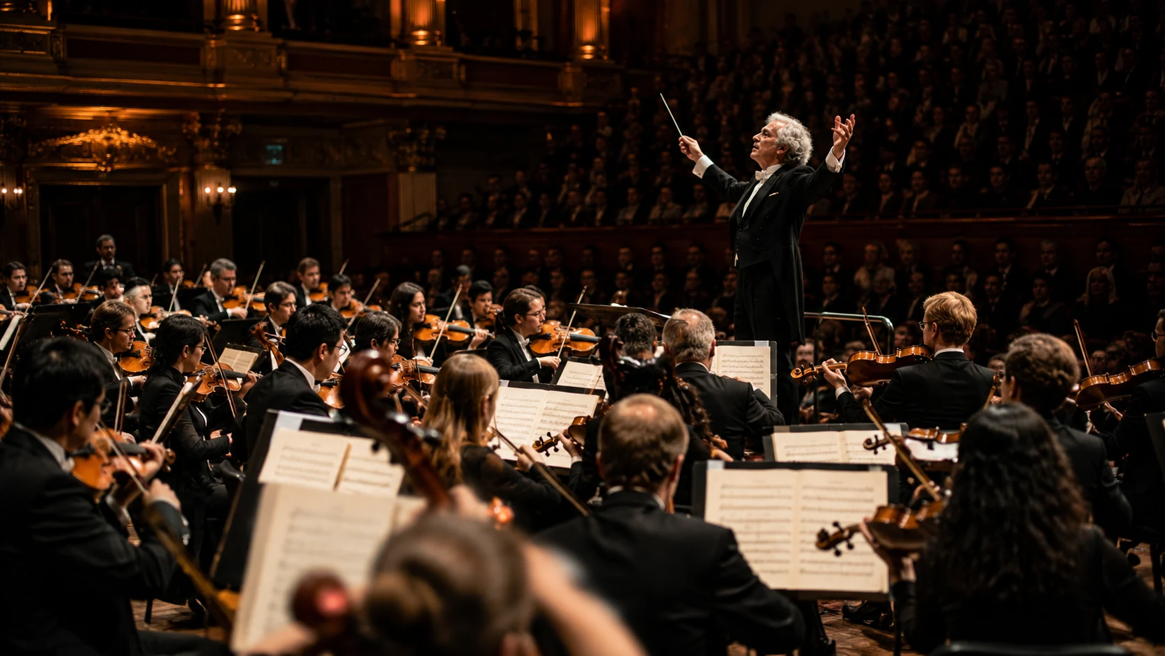 [Image: Grand symphony orchestra performing in an elegant concert hall]
