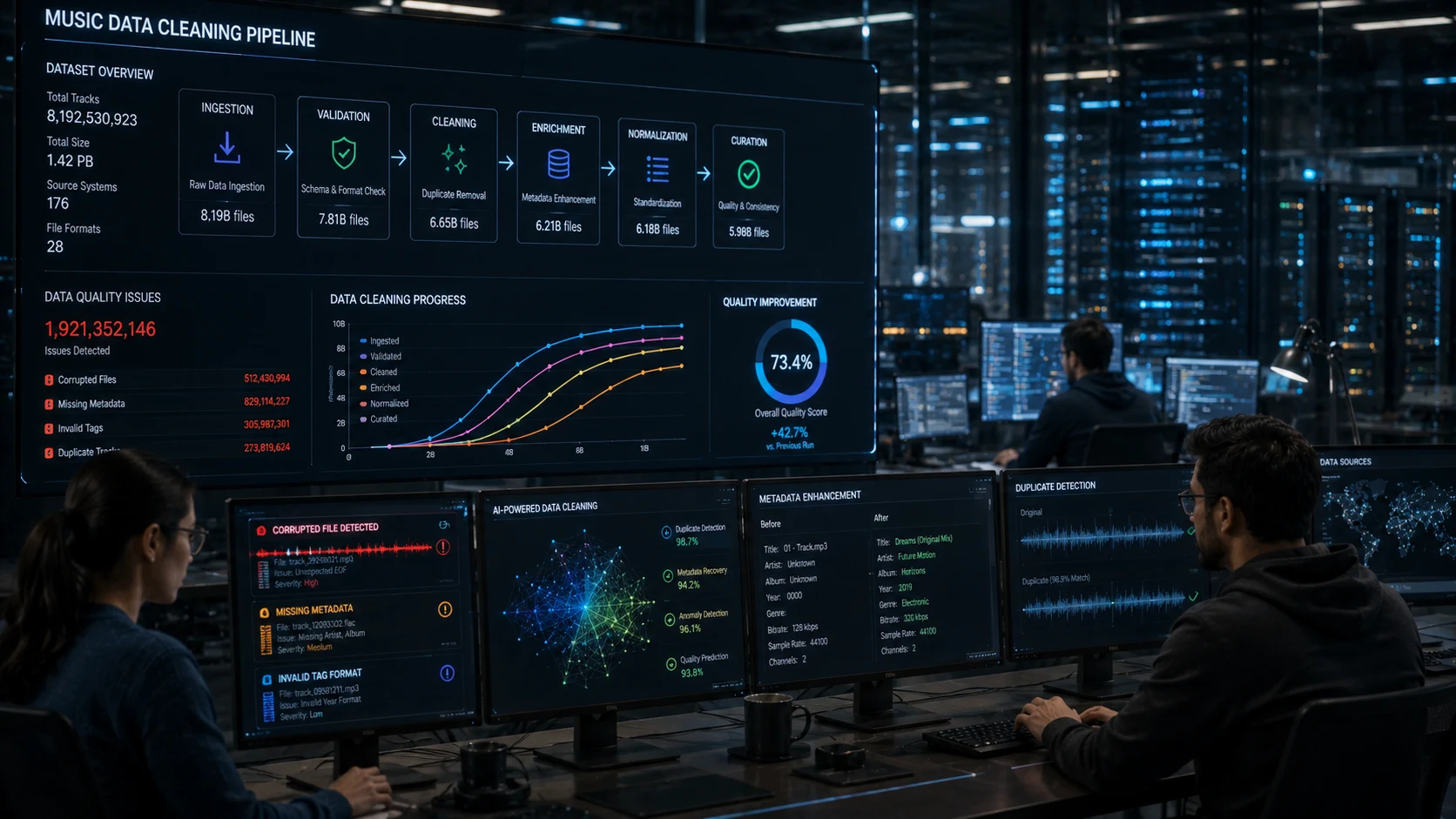 [Image: AI engineers cleaning massive music datasets inside futuristic research laboratories, premium documentary photography, 16:9]
