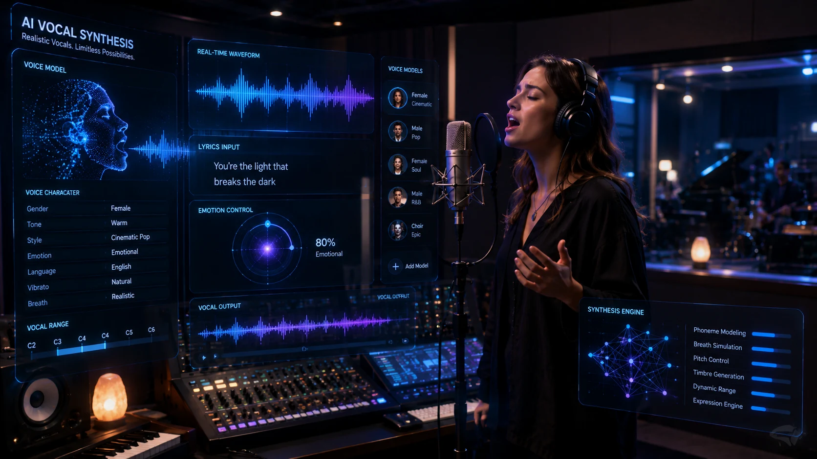 Image: AI generating realistic singing voices inside a futuristic recording studio, vocal synthesis technology, premium research photography, 16:9