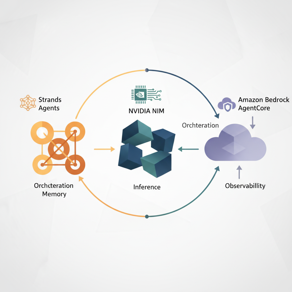 Architecture diagram illustrating the flow between a React frontend, API Gateway, Lambda functions, Strands Agents in AgentCore, NVIDIA NIM, DynamoDB, and Bedrock services.